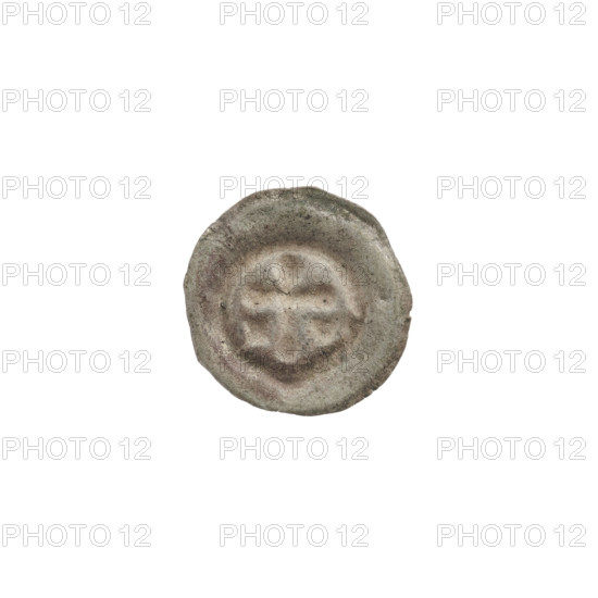 Denarius (bracteate), one-sided coin, featuring a Latin cross with rounded arm ends; on both sides of its longer arm, a diagonal equal-armed cross. Crosses with rounded arm ends resembling rhombuses. Iconography: Latin cross, equal-armed crosses. Associated with the Teutonic Knights (Order). Ca. 1317/1318–ca. 1327/1328. Diameter 15.2 mm, weight 0.23 g.
