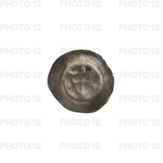 Denarius - bracteate; triangular shield with a cross whose arms reach its edge (iconographic); shields; one-sided coin; balls above the shield and on both sides; Teutonic Knights (order); ca. 1307/1308–ca. 1317/1318; coin (one-sided); diameter 15.7 mm; weight 0.29 g. WQXBCFS