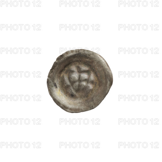 denarius - bracteate, triangular shield with a cross with arms reaching its edge; shields, shield with a cross I (iconographic); one-sided coin; balls above the shield and on both sides; Teutonic Knights (order); ca. 1307/1308–ca. 1317/1318; State of the Teutonic Order (1226–1525); coin (one-sided); diameter 15.7 mm; weight 0.29 g