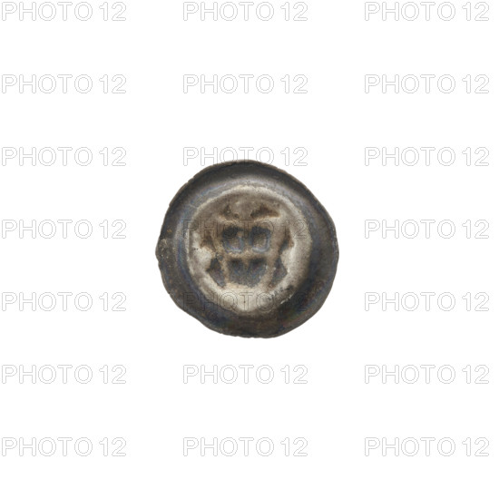 Denarius (bracteate): one-sided coin depicting a triangular shield with a cross whose arms reach the shield's edge; one ball on each side of the shield; above the shield a cross. Iconography: shields, triangular shield (iconographic), balls, crosses, Teutonic Knights (order). Date: ca. 1307/1308–ca. 1317/1318. Material/format: coin (one-sided). Diameter: 14.1–14.2 mm. Weight: 0.23 g.
