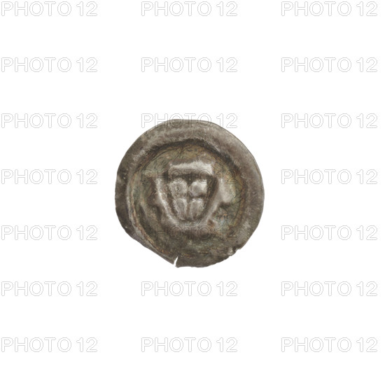 Denarius - bracteate; one-sided coin ca. 1307/1308–ca. 1317/1318. Depicts a triangular shield bearing a cross whose arms reach the shield's edge; one ball at each corner of the shield and a point in the upper right field. Shields and balls motif; illegible markings (possibly balls) on both sides of the shield. Associated with the Teutonic Knights (Order), State of the Teutonic Order (1226–1525). Diameter 15.1 mm; weight 0.21 g.