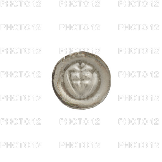 Denarius-bracteate; one-sided coin depicting a triangular shield with a cross whose arms reach the edge, above it a trefoil; additional shields; iconography: shield with a cross I, trefoil, triangular shield; Teutonic Knights (order); ca. 1307/1308–ca. 1317/1318; State of the Teutonic Order (1226–1525); coin (bracteate); diameter 14.1 mm; weight 0.25 g