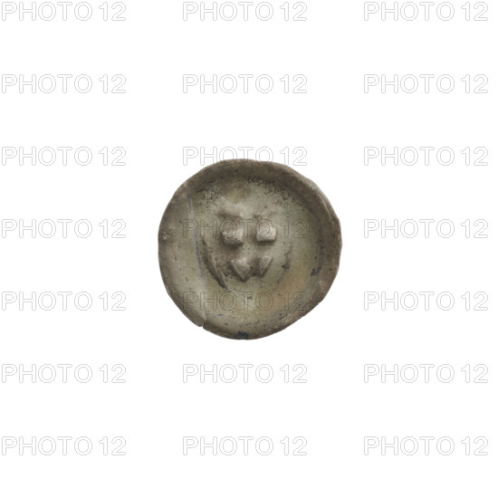 Denarius - bracteate; one-sided coin depicting a triangular shield with a cross whose arms reach the edge, additional shields and a shield with cross I (iconographic); illegible mark above the shield. Teutonic Knights (order). Ca. 1307/1308–ca. 1317/1318. Coin (one-sided). Diameter 14 mm; weight 0.21 g.