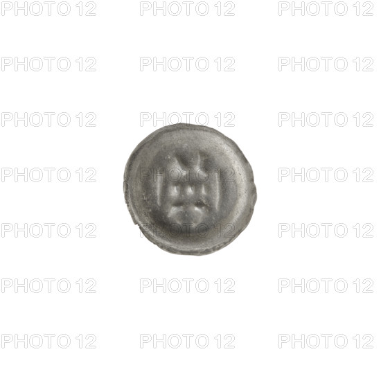 Denarius (bracteate), one-sided coin depicting a gate (Gate II) topped with three pillars each surmounted by spheres; a cross under the gate vault. Teutonic Knights (Order). Circa 1327/1328–1337/1338. Coin (bracteate), diameter 13.9 mm, weight 0.31 g.