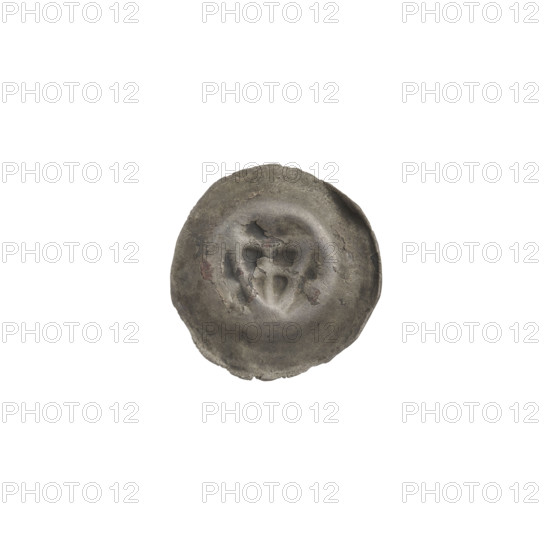 Denarius (bracteate). One-sided coin showing a triangular shield with a cross whose arms reach the rim; one ball on each side of the shield and a ball above the shield merging with the rim. Iconography: shield with cross I, shields, triangular shield, balls. Associated with the Teutonic Knights (order). Ca. 1307/1308–ca. 1317/1318. Coin (bracteate). Diameter 15 mm; weight 0.25 g.
