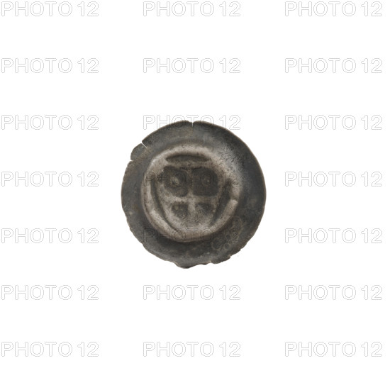 Denarius - bracteate: triangular shield with a cross whose arms reach the edge; in both upper fields of the shield there is one ball. Iconography: shield with a cross I, triangular shield, balls, shields. One-sided coin (bracteate). Teutonic Knights (order). ca. 1307/1308–ca. 1317/1318. State of the Teutonic Order (1226–1525). Coin (one-sided). Diameter 14.5 mm; weight 0.21 g.