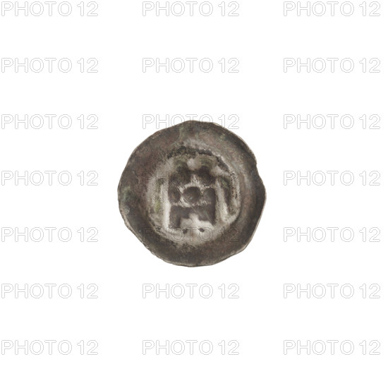 Denarius (bracteate). One-sided coin depicting a gate (Gate II) topped with three pillars surmounted by spheres; central sphere with rays. Under the gate vault, a cross. Teutonic Knights (Order). Ca. 1327/1328–ca. 1337/1338. Coin (one-sided). Diameter 14.8 mm; weight 0.24 g.