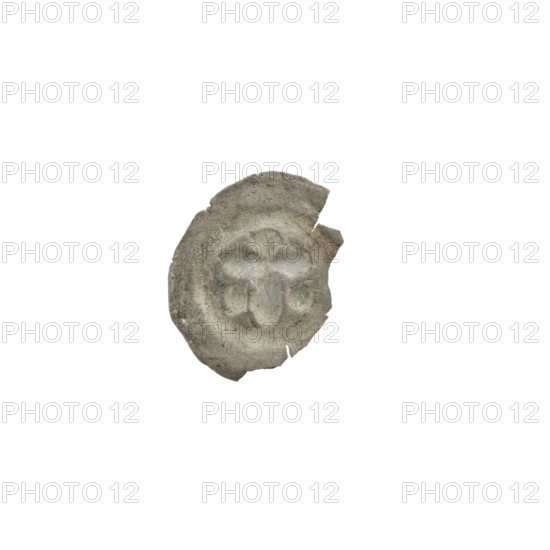 Denarius (bracteate), one-sided coin ca. 1317/1318–ca. 1327/1328. Features: Latin cross with rounded arm ends (longer vertical arm) bearing on both sides of its longer arm a diagonal equal-armed cross; additional equal-armed crosses; crosses with rounded arm ends similar to rhombuses. Associated with the Teutonic Knights (State of the Teutonic Order, 1226–1525). Diameter 14.8 mm, weight 0.14 g.