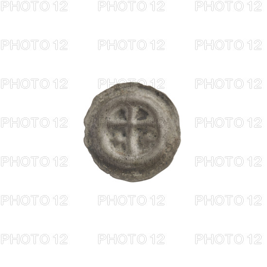 Denarius (bracteate), one-sided coin depicting a Latin cross with slightly widening arm tips; on each side of its longer arm, one equal-armed cross. Iconography: Latin cross, equal-armed crosses. Maker: Teutonic Knights (State of the Teutonic Order). Date: ca. 1317/1318–ca. 1327/1328. Materials/format: coin (one-sided), diameter 14.6 mm, weight 0.26 g.