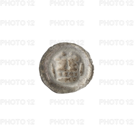 Denarius - bracteate; crown I (iconographic), crowns, one-sided coin, crosses; Teutonic Knights (order). Crown composed of a rim with quadrangular holes and two arches with projections (rim on the left side is wider). Between the arches, a cross on a spherical base with widening ends of the arms. Date: ca. 1287/1288–ca. 1297/1298. Origin: State of the Teutonic Order (1226–1525). Object: coin (one-sided). Diameter: 15.6 mm. Weight: 0.26 g.