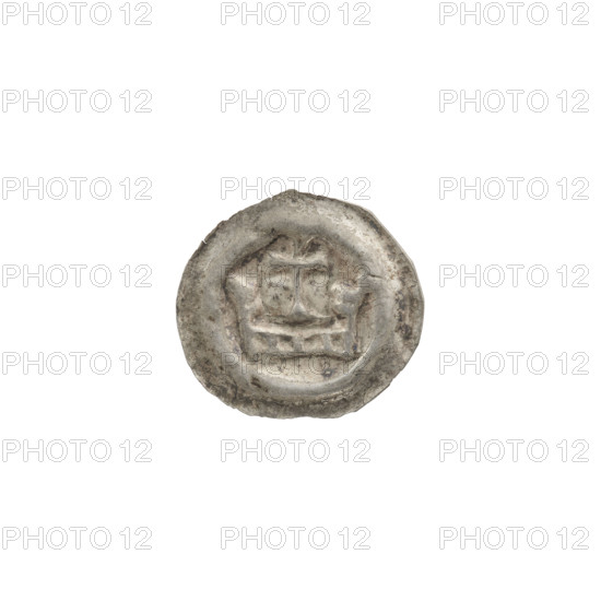 Denarius - bracteate; crown I (iconographic); crowns; one-sided coin; cross; Teutonic Knights (order). Crown composed of a hoop with quadrangular holes and two arches with projections; between the arches, a cross on a spherical base with widening ends of the arms. Ca. 1287/1288–ca. 1297/1298. State of the Teutonic Order (1226–1525). Coin (one-sided). Diameter 16 mm; weight 0.19 g.