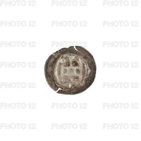 Denarius — bracteate, one-sided coin depicting a gate (Gate II) topped with three pillars with spheres; a cross under the gate's vault. Teutonic Knights (Order). ca. 1327/1328–ca. 1337/1338. Coin (bracteate), diameter 14.3 mm, weight 0.16 g.