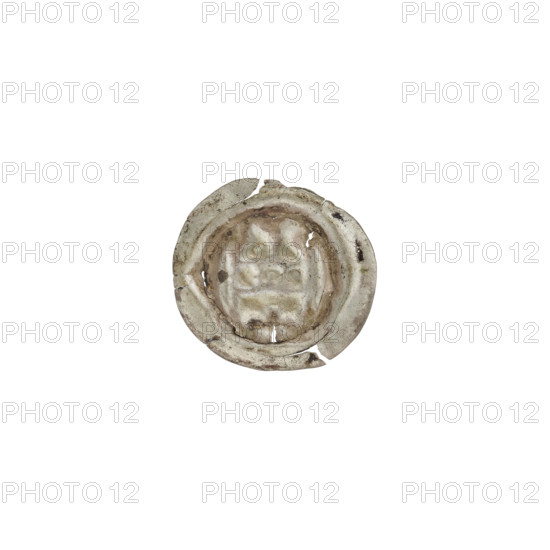 Denarius bracteate, one-sided coin depicting a gate (Gate II) topped with three pillars each crowned by spheres; a cross under the gate's vault. Teutonic Knights (Order). ca. 1327/1328–ca. 1337/1338. Coin (one-sided). Diameter 14.3 mm; weight 0.16 g.