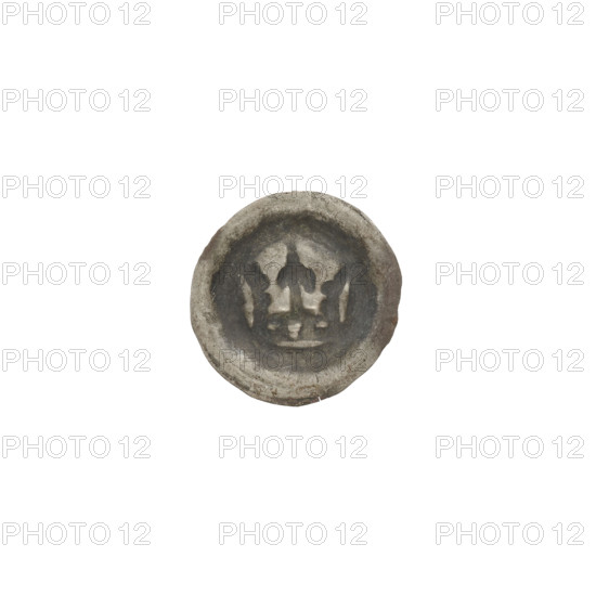 denarius - bracteate, crown II (iconographic), crowns, one-sided coins, Teutonic Knights (order), lilies, crown topped with a lily placed between elongated, outwardly flaring arches, two projections on each arch, ca. 1337/1338–ca. 1345, State of the Teutonic Order (1226–1525), coin (one-sided), diameter 13.9 mm, weight 0.20 g