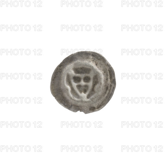 Denarius (bracteate). One-sided coin depicting a triangular shield with a cross whose arms reach the edge; a ball at each corner of the shield; a ball on both sides of the shield merging with the rim. Iconography: shield with cross I; shields; triangular shield (iconographic); balls. Associated with the Teutonic Knights (Order). Circa 1307/1308–1317/1318. Material/object type: coin (bracteate). Diameter 15.5 mm; weight 0.21 g. WQXBCFS