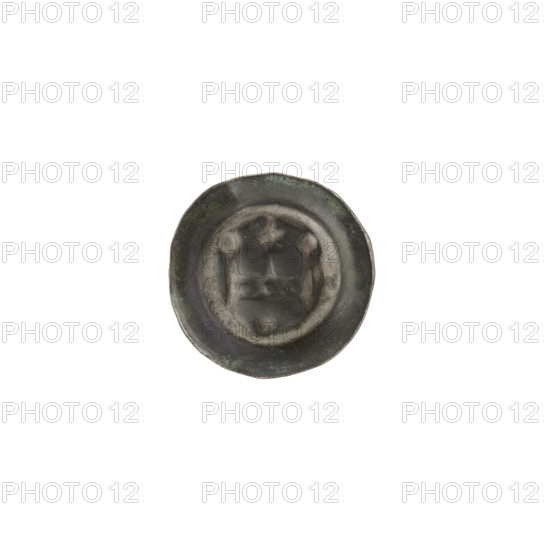 Denarius - bracteate, Gate II (iconographic). Depicts a gate topped with three pillars each topped with balls; the central pillar is topped with a six-pointed star. A ball under the gate vault. Iconography includes gates, six-pointed star, stars, balls; one-sided coin. Teutonic Knights (Order). Ca. 1327/1328–ca. 1337/1338. Coin (one-sided). Diameter 14.8 mm; weight 0.24 g.