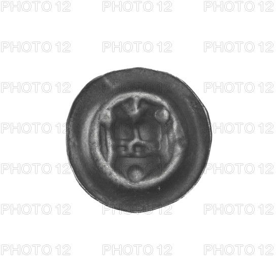 Denarius bracteate, Gate II (iconographic) — depiction: gates with three pillars topped by balls, central pillar topped with a six-pointed star, a ball under the gate vault; stars; one-sided coin; balls; Teutonic Knights (order). Date: ca. 1327/1328–ca. 1337/1338. State of the Teutonic Order (1226–1525). Coin (one-sided). Diameter 14.8 mm; weight 0.24 g.