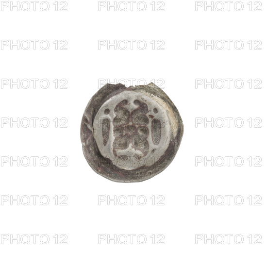 Denarius - bracteate; iconography: Gate II with crosses, gate topped with three pillars each topped with crosses; under the arched vault of the gate an equal-armed cross. One-sided coin (bracteate). Issued by the Teutonic Knights (State of the Teutonic Order). Date: ca. 1327/1328–ca. 1337/1338. Diameter 15.5 mm; weight 0.18 g.