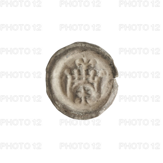 Denarius - bracteate, gate (iconographic). Gate with four rectangular and two triangular openings topped with a lily. At the corners of the gate there is one ball; between the lily and the balls there is one smaller ball. Under the arched vault of the gate, a six-pointed star. One-sided coin (bracteate). Ca. 1257/1258–ca. 1267/1268. State of the Teutonic Order (1226–1525). Diameter 18.4 mm; weight 0.26 g. Maker: Richard, Anthony (1841–1894) noted in attribution. Iconographic keywords: lilies, gates, balls, stars, six-pointed star, Teutonic Knights.