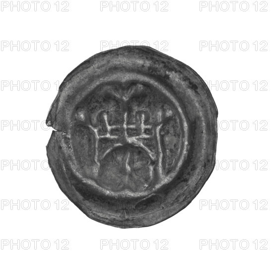 Denarius - bracteate, Gate I (iconographic). Maker: Anthony Richard (1841–1894). Depicts a gate with four rectangular and two triangular openings topped with a lily. At the corners of the gate are balls; between the lily and the corner balls is a smaller ball. Under the arched vault of the gate is a six-pointed star. Date: ca. 1257/1258–ca. 1267/1268. Issued by the State of the Teutonic Order (1226–1525). Coin (one-sided). Diameter 18.4 mm; weight 0.26 g.