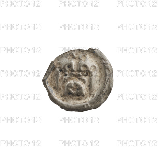 Denarius - bracteate of Richard, Anthony (1841–1894). AR punch; one-sided coin. Design: gate with four rectangular and two triangular openings topped with a lily. At the gate's corners is one sphere; between the lily and the spheres is a smaller sphere. Under the arched vault of the gate is a six-pointed star. Motifs: gates, spheres, stars, lilies. Teutonic Knights (Order). Date: ca. 1257/1258–ca. 1267/1268. State of the Teutonic Order (1226–1525). Coin, diameter 17.1 mm, weight 0.18 g.