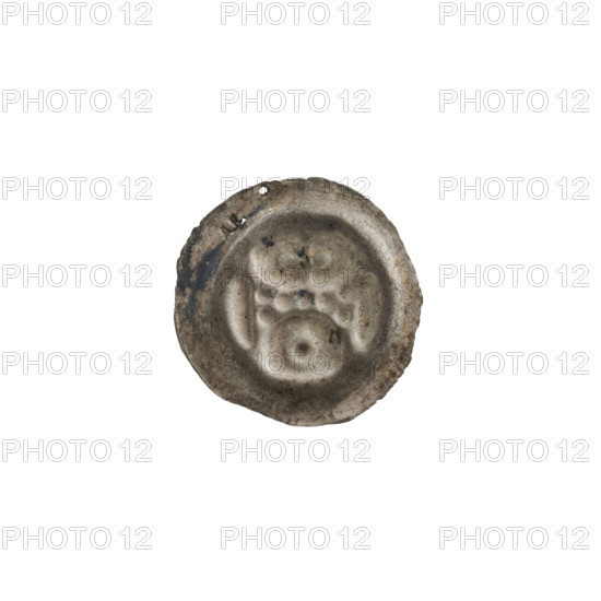 Denarius - bracteate, Teutonic Order imitation, 13th century. Obverse: gate topped with a trefoil, with seven round holes in the wall; one sphere at each corner; under the arched vault of the gate, a ring. One-sided coin (bracteate). Diameter 16.4 mm, weight 0.19 g. Maker/attribution: Richard, Anthony (1841–1894) noted in stamps/inscriptions. State of the Teutonic Order (1226–1525).