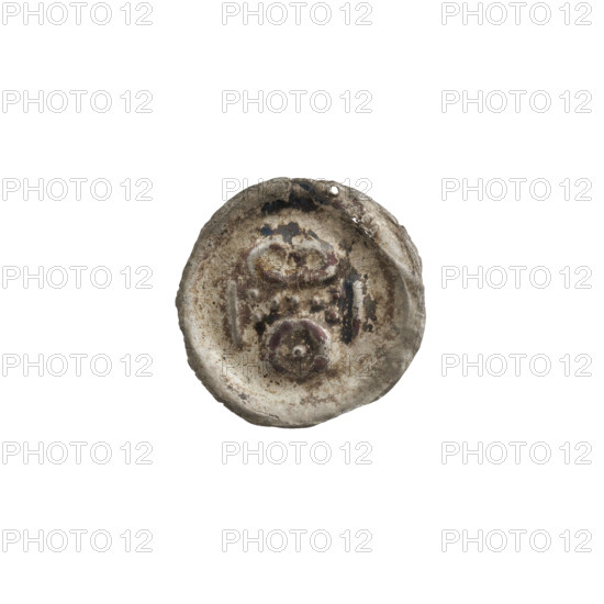 denarius - bracteate, Teutonic Order, imitation, Richard, Anthony (1841-1894), AR stamps, gates, trefoil (iconographic), rings, one-sided coins, spheres, Richard, Anthony (1841-1894). Gate topped with a trefoil, with seven round holes in the wall. One sphere at each corner. At the bottom, under the arched vault of the gate, a ring. 13th century, State of the Teutonic Order (1226-1525), coin (one-sided), diameter 16.4 mm, weight 0.19 g