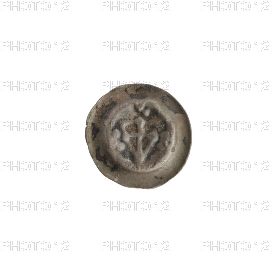 Denarius - bracteate; one-sided coin depicting a triangular shield with a cross whose arms reach the shield's edge. On the shield, at the extension of each cross arm, one ball; three balls on both sides of and above the shield. Shields and balls iconography; associated with the Teutonic Knights (order). ca. 1307/1308–ca. 1317/1318. Coin (one-sided). Diameter 15.2 mm; weight 0.20 g.