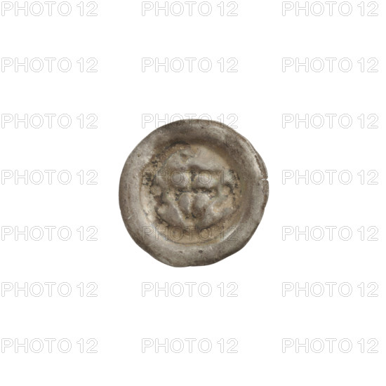 Denarius - bracteate; one-sided coin featuring a triangular shield with a cross whose arms reach the shield's edge. On the shield, at the extension of each cross arm, one ball; three balls placed on both sides of the shield and above it. Iconography: shield with cross I, shields, balls, triangular shield. Attributed to the Teutonic Knights (Order). Date ca. 1307/1308–ca. 1317/1318. Diameter 15.2 mm; weight 0.20 g.