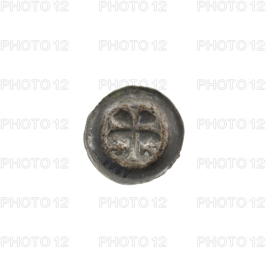 denarius - bracteate, Latin cross (iconographic) with widening, split ends of its arms; on both sides of its longer arm, trefoils with their bases facing each other. One-sided coin (bracteate), ca. 1317/1318–ca. 1327/1328, State of the Teutonic Order (1226–1525). Weight 0.21 g. Makers/associations: Teutonic Knights (order).