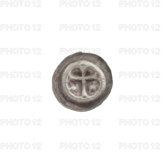 Denarius - bracteate; Latin cross with widening, split ends of its arms. On both sides of its longer arm, trefoils with their bases facing each other. One-sided coin (bracteate), ca. 1317/1318–ca. 1327/1328; State of the Teutonic Order (1226–1525). Diameter 14.7 mm, weight 0.26 g.