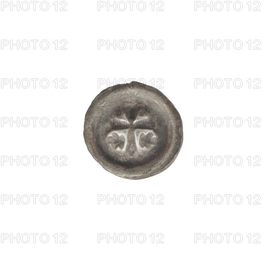 Denarius bracteate, Latin cross with widening, split ends of its arms; on both sides of its longer arm are trefoils with their bases facing each other. Iconography: Latin cross. One-sided coin (bracteate). Attributed to the Teutonic Knights (State of the Teutonic Order, 1226–1525). Date: ca. 1317/1318–ca. 1327/1328. Diameter 14.7 mm; weight 0.26 g.
