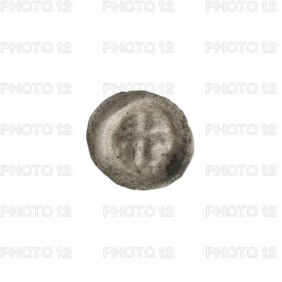 Denarius — bracteate; one-sided coin with Latin cross (slightly widening arm tips) on obverse; on both sides of its longer arm, one equal-armed cross (the cross on the right side is slightly diagonal). Iconography: Latin cross, equal-armed crosses. Issued by the Teutonic Knights (State of the Teutonic Order), ca. 1317/1318–ca. 1327/1328. Diameter 15 mm; weight 0.21 g.