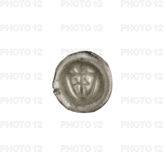 Denarius - bracteate; one-sided coin depicting a triangular shield with a cross whose arms reach the edge, with a trefoil above; also shows shields; iconographic motifs: shield with a cross I, triangular shield, trefoil. Attributed to the Teutonic Knights (Order), ca. 1307/1308–ca. 1317/1318, State of the Teutonic Order (1226–1525). Diameter 14.3–14.4 mm; weight 0.19 g.