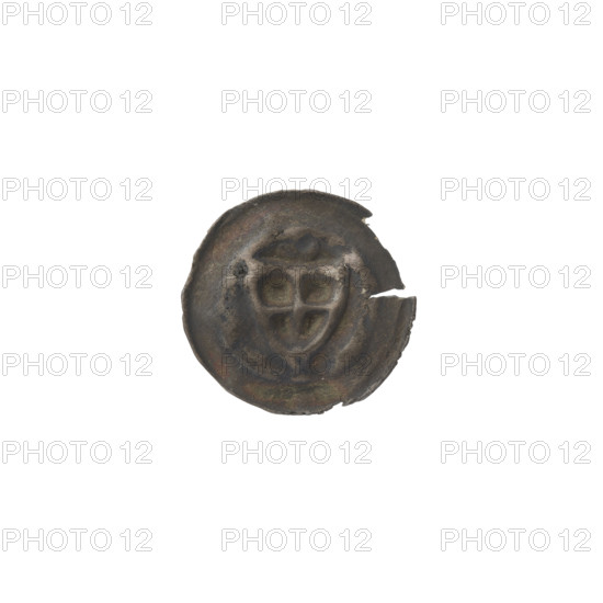 Denarius bracteate; triangular shield with a cross whose arms reach the edge; shields; one-sided coin; Teutonic Knights (order); illegible mark above the shield; dated ca. 1307/1308–ca. 1317/1318; State of the Teutonic Order (1226–1525); coin (one-sided); diameter 14.8–14.9 mm; weight 0.22 g WQXBCFS