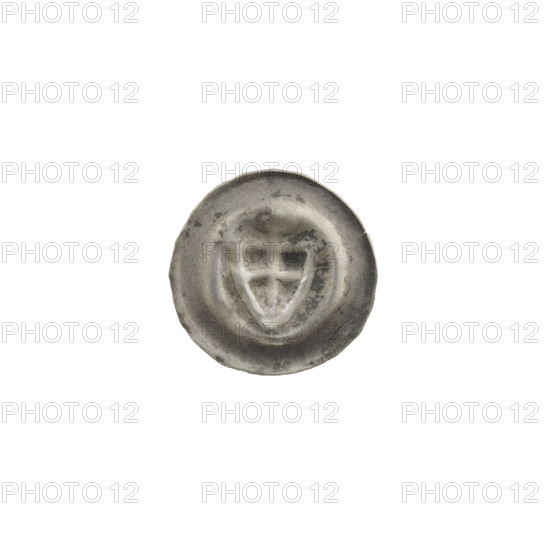 Denarius - bracteate; design: triangular shield with a cross whose arms reach the edge, a cross above it; shields; one-sided coin; iconography: shield with a cross I; crosses; Teutonic Knights (order); date: ca. 1307/1308–ca. 1317/1318; State of the Teutonic Order (1226–1525); coin (one-sided); diameter 14.5 mm; weight 0.23 g