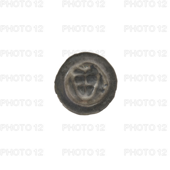 Denarius - bracteate; one-sided coin depicting a triangular shield with a cross whose arms reach the edge; shields; iconography associated with the Teutonic Knights (Order). Illegible mark above the shield. Date ca. 1307/1308–ca. 1317/1318. State of the Teutonic Order (1226–1525). Coin (one-sided). Diameter 14.3–14.4 mm. Weight 0.19 g. WQXBCFS