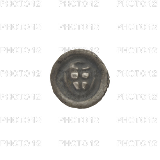 Denarius - bracteate; triangular shield with a cross whose arms reach the edge; shields; one-sided coin; Teutonic Knights (order); illegible mark above the shield; ca. 1307/1308–ca. 1317/1318; State of the Teutonic Order (1226–1525); coin (one-sided); diameter 14.3–14.4 mm; weight 0.19 g WQXBCFS