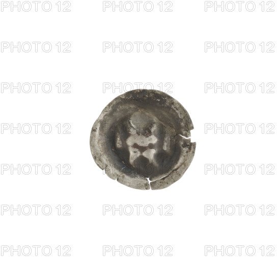 Denarius - bracteate; Gate II (iconographic). One-sided coin depicting a gate topped with three pillars each topped with balls; illegible sign under the gate vault. Teutonic Knights (Order). Circa 1327/1328–1337/1338. Coin (one-sided). Diameter 14.6 mm; weight 0.20 g. WQXBCFS
