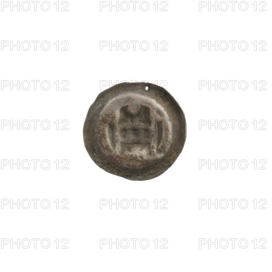 Denarius - bracteate, gate II (iconographic), Richard Antoni (1841–1894), AR punches, gates, isosceles cross (iconographic), trefoils, one-sided coin, spheres, Teutonic Knights (Order). Gate topped with three posts topped with trefoils; central post topped with a sphere. Under the straight vault of the gate, an isosceles cross with widening arms. Ca. 1327/1328–ca. 1337/1338. State of the Teutonic Order (1226–1525). Coin (one-sided). Diameter 14.8 mm, weight 0.25 g.