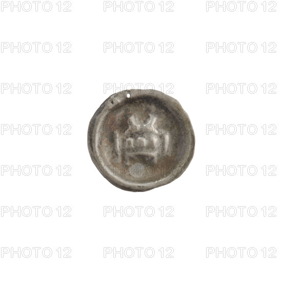 Denarius - bracteate, gate II (iconographic); Richard, Antoni (1841–1894). Gate topped with three posts each with trefoils; central post topped with a sphere. Under the straight vault of the gate, an isosceles cross with widening arms. Iconography: trefoils, spheres, isosceles cross. Teutonic Knights (order). ca. 1327/1328–ca. 1337/1338. Coin (one-sided), diameter 14.8 mm, weight 0.25 g.