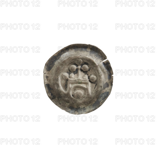 Denarius (bracteate). One-sided coin depicting a gate topped with a cross whose arms end in spheres; one sphere at each corner of the gate; a smaller sphere between the cross and the corner spheres. Under the arched vault of the gate, a sphere. Ca. 1257/1258–ca. 1267/1268. State of the Teutonic Order (1226–1525). Diameter 17.5 mm; weight 0.21 g.