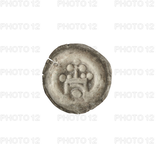 Denarius - bracteate: gate topped with a cross with a sphere at the end of its arms; one sphere at each corner of the gate; between the cross and the spheres, one smaller sphere; under the arched vault of the gate, sphere. One-sided coin, ca. 1257/1258–ca. 1267/1268, State of the Teutonic Order (1226–1525). Diameter 17.5 mm, weight 0.21 g.