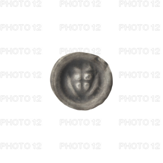 Denarius - bracteate; one-sided coin depicting a triangular shield with a cross whose arms reach the edges, above it a trefoil; iconographic elements: shield with a cross I, triangular shield, trefoil, shields; issuer: Teutonic Knights (Order), State of the Teutonic Order (1226–1525); ca. 1307/1308–ca. 1317/1318; coin (one-sided); diameter 14.8 mm; weight 0.21 g