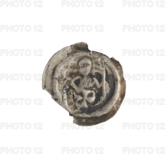 Denarius - bracteate, R6 (rarity); one-sided coin depicting a standing knight with a banner, cross, and Teutonic shield (iconographic); knights, shields, Teutonic shield, Teutonic Knights (order); ca. 1247/1248–ca. 1257/1258; State of the Teutonic Order (1226–1525); Torun; coin (one-sided); diameter 19.6 mm; weight 0.22 g