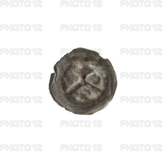 Denarius - bracteate; cross on arcade (iconographic), balls, stars; one-sided coin depicting a cross supported by an arch, below it a six-pointed star; left field: a ball and a symbol, right field: a ball; ca. 1277/1278–ca. 1287/1288; State of the Teutonic Order (1226–1525); coin (one-sided); diameter 16 mm; weight 0.21 g.