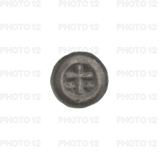 Denarius - bracteate; one-sided coin depicting a Latin cross with slightly widening arm tips; on each side of its longer arm, one equal-armed cross; iconography includes Latin cross and equal-armed crosses. Attributed to the Teutonic Knights (Order), State of the Teutonic Order (1226–1525). ca. 1317/1318–ca. 1327/1328. Coin (one-sided). Diameter 14 mm; weight 0.24 g.