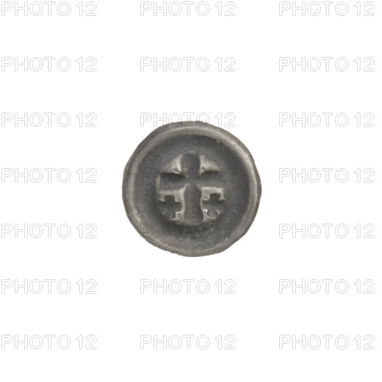 Denarius bracteate featuring a Latin cross with slightly widening arm tips; each side of the longer arm bears an equal-armed cross. One-sided coin, associated with the Teutonic Knights (State of the Teutonic Order, 1226–1525), ca. 1317/1318–ca. 1327/1328. Diameter 14 mm, weight 0.24 g.
