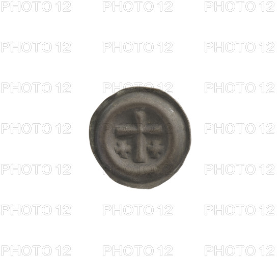 Denarius - bracteate; one-sided coin featuring a Latin cross with slightly widening arm tips; on each side of its longer arm, one equal-armed cross; motifs include Latin cross and equal-armed crosses (iconographic); Teutonic Knights (order); ca. 1317/1318–ca. 1327/1328; State of the Teutonic Order (1226–1525); coin (one-sided); diameter 14 mm; weight 0.24 g.