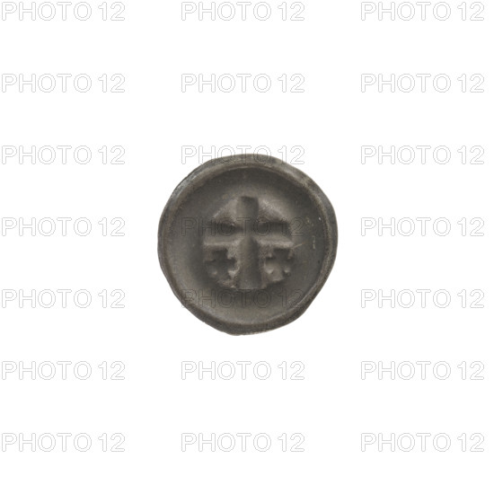 Denarius - bracteate; one-sided coin depicting a Latin cross with slightly widening arm tips; on each side of its longer arm, one equal-armed cross; equal-armed crosses (iconographic); Teutonic Knights (order); ca. 1317/1318–ca. 1327/1328; State of the Teutonic Order (1226–1525); coin (one-sided); diameter 14 mm; weight 0.24 g.